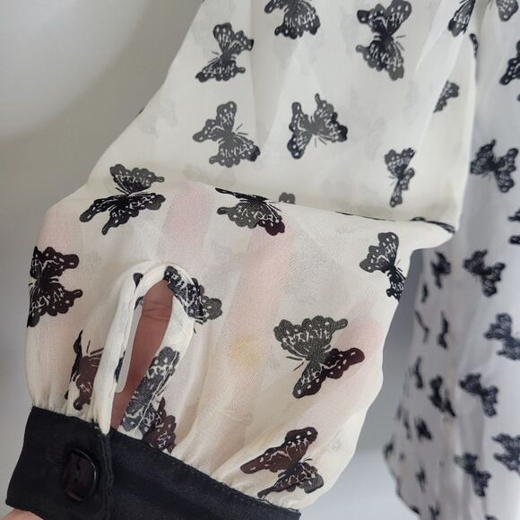 VINTAGE 90s Y2K blouse white sheer button up butterfly shirt 10 - Picture 7 of 11